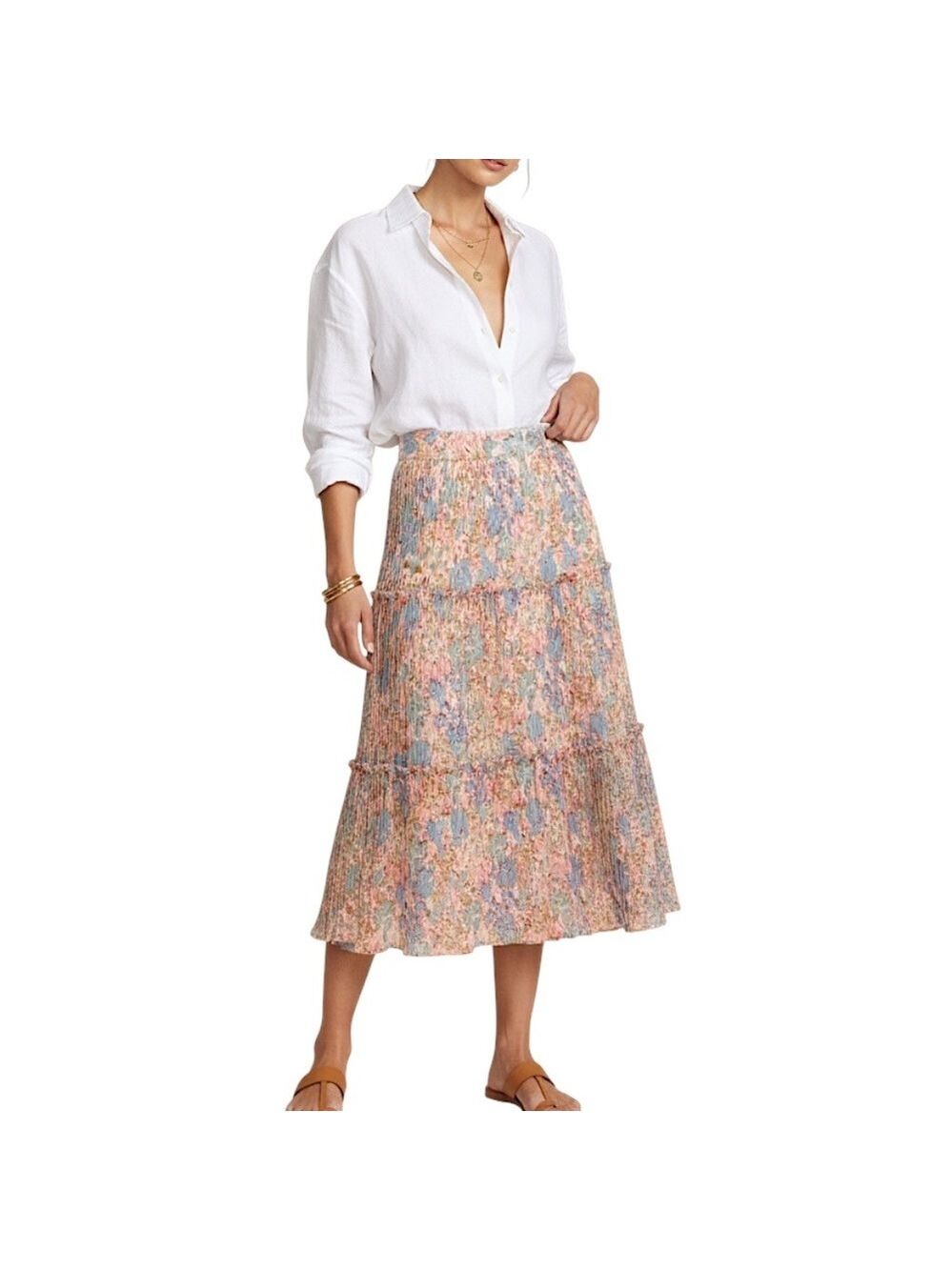 Vintage 70s boho cottagecore coral pink blue floral plisse tiered midi skirt - Picture 3 of 15